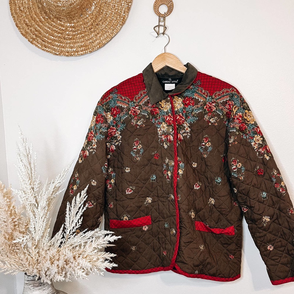 Vintage Quilted Fall Floral Cottagecore Earth Tone Green Jacket Size 12